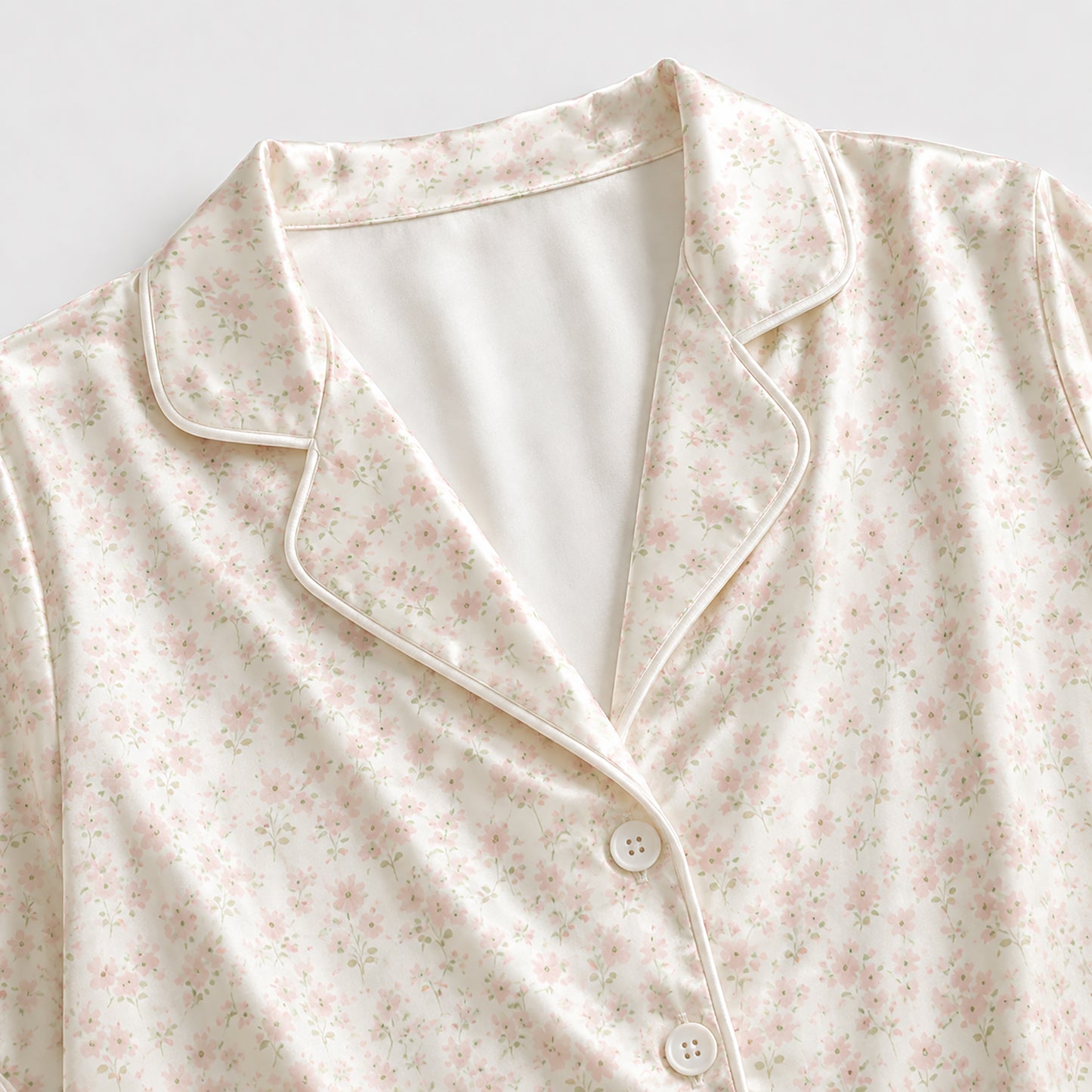 PJ-314-White Satin Floral Pajama Set, Pink Rose Sleeve Loungewear Sleepwear Collection Nightwear Boutique