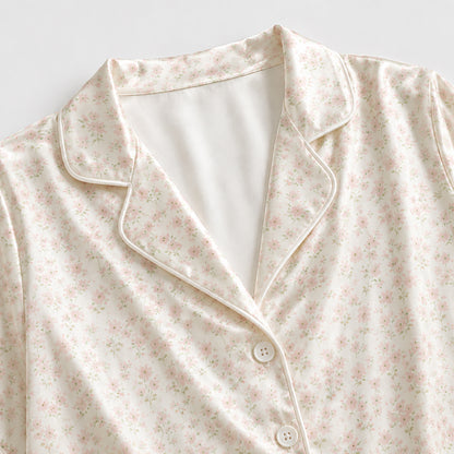 PJ-314-White Satin Floral Pajama Set, Pink Rose Sleeve Loungewear Sleepwear Collection Nightwear Boutique