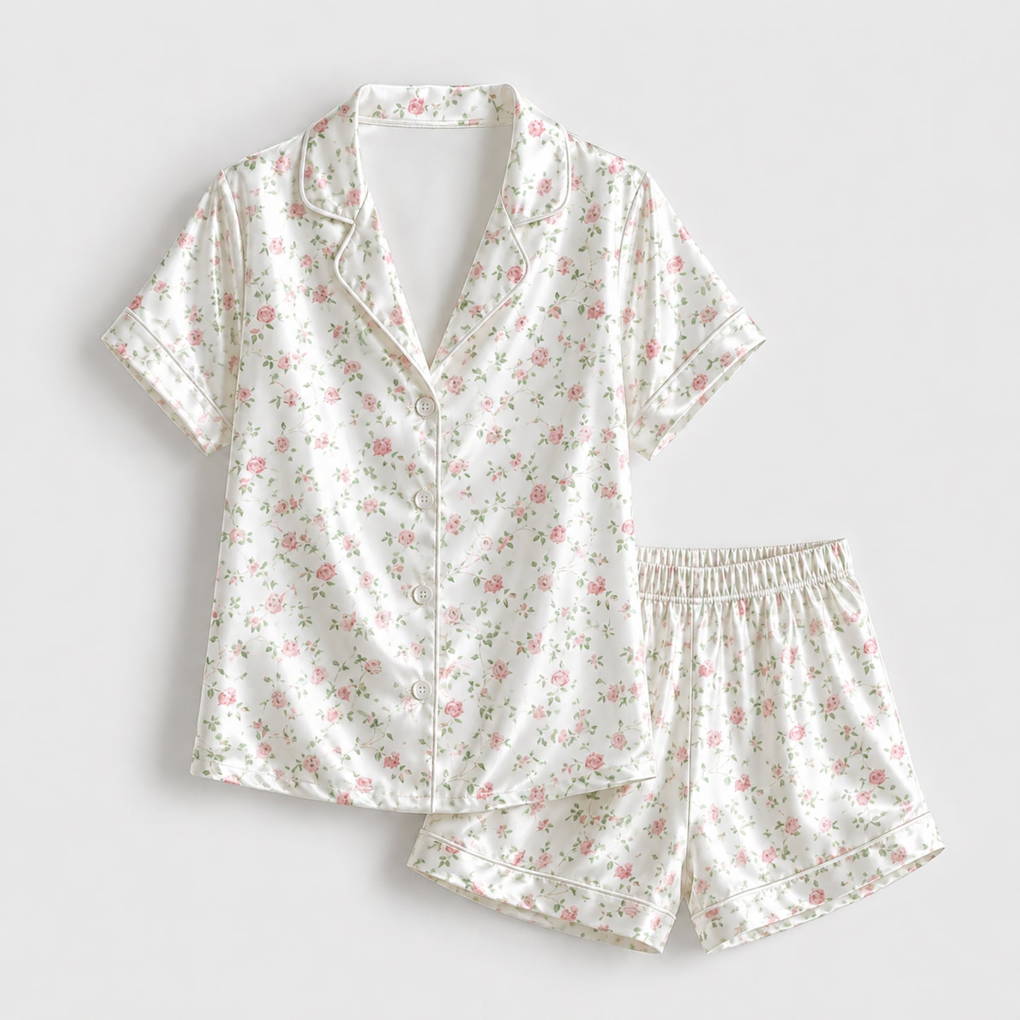 PJ-315-Repeating Ditsy Blossom Printed Satin Pajama Set, Novelty Pastel Unisex Sleepwear Lounge Coordinates