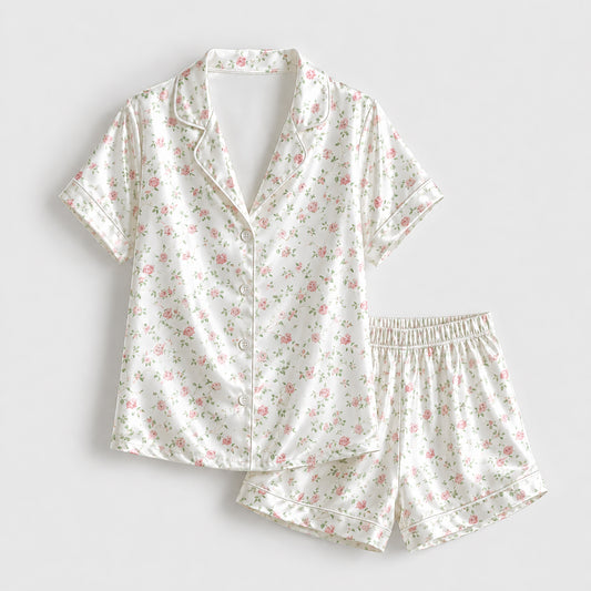 PJ-315-Repeating Ditsy Blossom Printed Satin Pajama Set, Novelty Pastel Unisex Sleepwear Lounge Coordinates