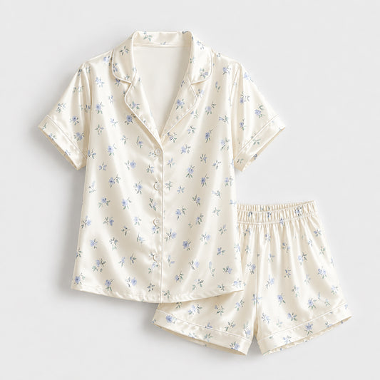 PJ-316-Cream Satin Floral Pajama Set, Blue Blossom Sleeve Loungewear Sleepwear Collection Nightwear Boutique Outfit