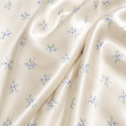 PJ-316-Cream Satin Floral Pajama Set, Blue Blossom Sleeve Loungewear Sleepwear Collection Nightwear Boutique Outfit