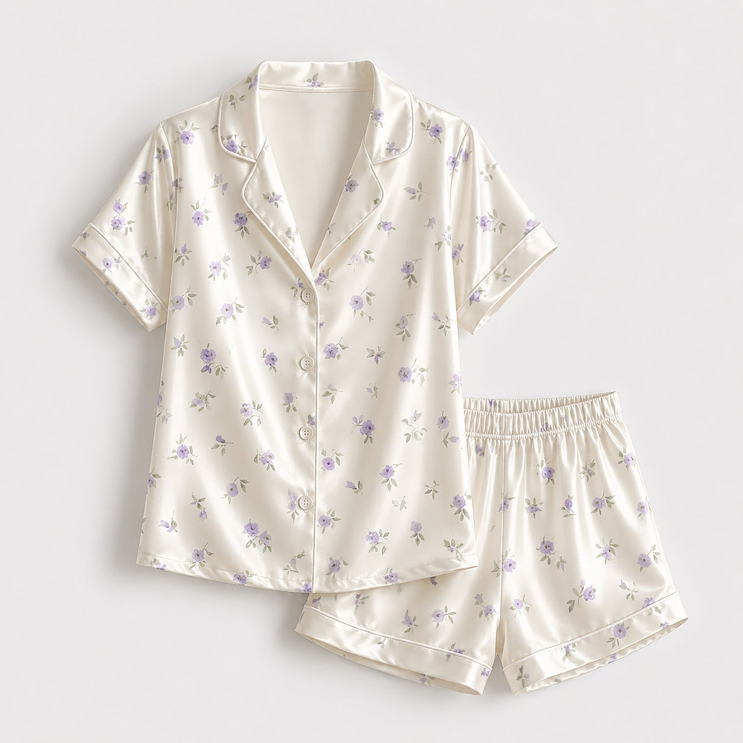 PJ-317-Patterned Violet Premium Satin Pajama Set, Light Ivory Short Button Front Clothing Bedtime Ensemble