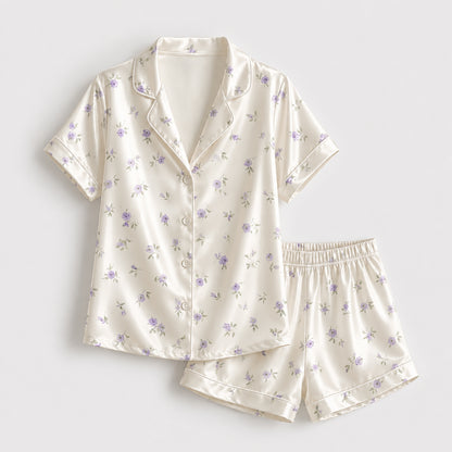 PJ-317-Patterned Violet Premium Satin Pajama Set, Light Ivory Short Button Front Clothing Bedtime Ensemble