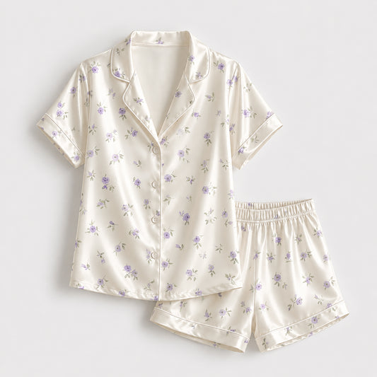 PJ-317-Patterned Violet Premium Satin Pajama Set, Light Ivory Short Button Front Clothing Bedtime Ensemble
