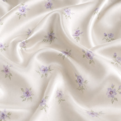 PJ-317-Patterned Violet Premium Satin Pajama Set, Light Ivory Short Button Front Clothing Bedtime Ensemble