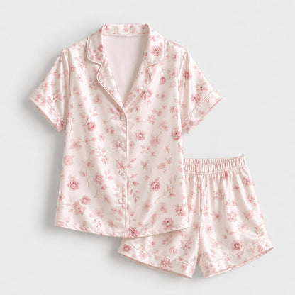 PJ-318-Pink Satin Floral Pajama Set, Rose Blossom Sleeve Loungewear Sleepwear Collection Nightwear Boutique