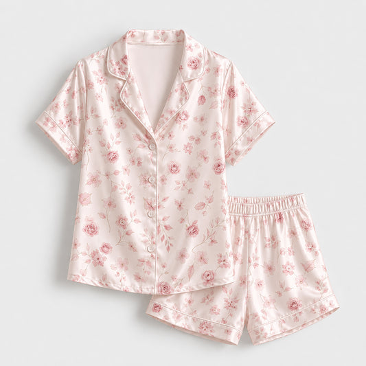 PJ-318-Pink Satin Floral Pajama Set, Rose Blossom Sleeve Loungewear Sleepwear Collection Nightwear Boutique