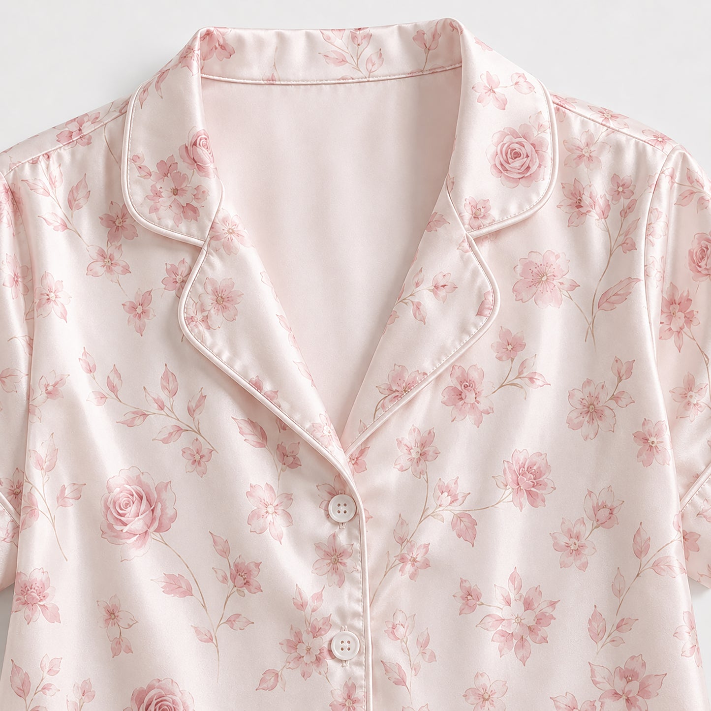 PJ-318-Pink Satin Floral Pajama Set, Rose Blossom Sleeve Loungewear Sleepwear Collection Nightwear Boutique