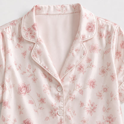 PJ-318-Pink Satin Floral Pajama Set, Rose Blossom Sleeve Loungewear Sleepwear Collection Nightwear Boutique