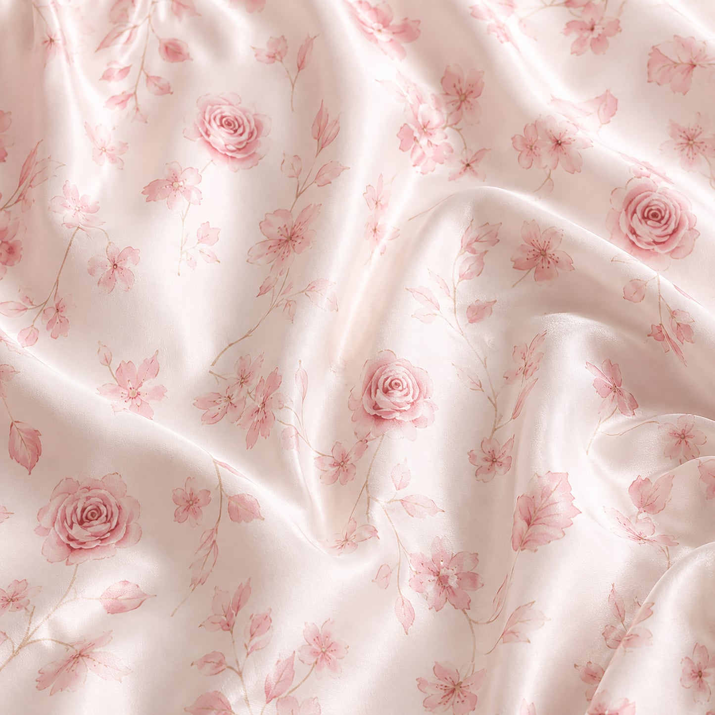 PJ-318-Pink Satin Floral Pajama Set, Rose Blossom Sleeve Loungewear Sleepwear Collection Nightwear Boutique