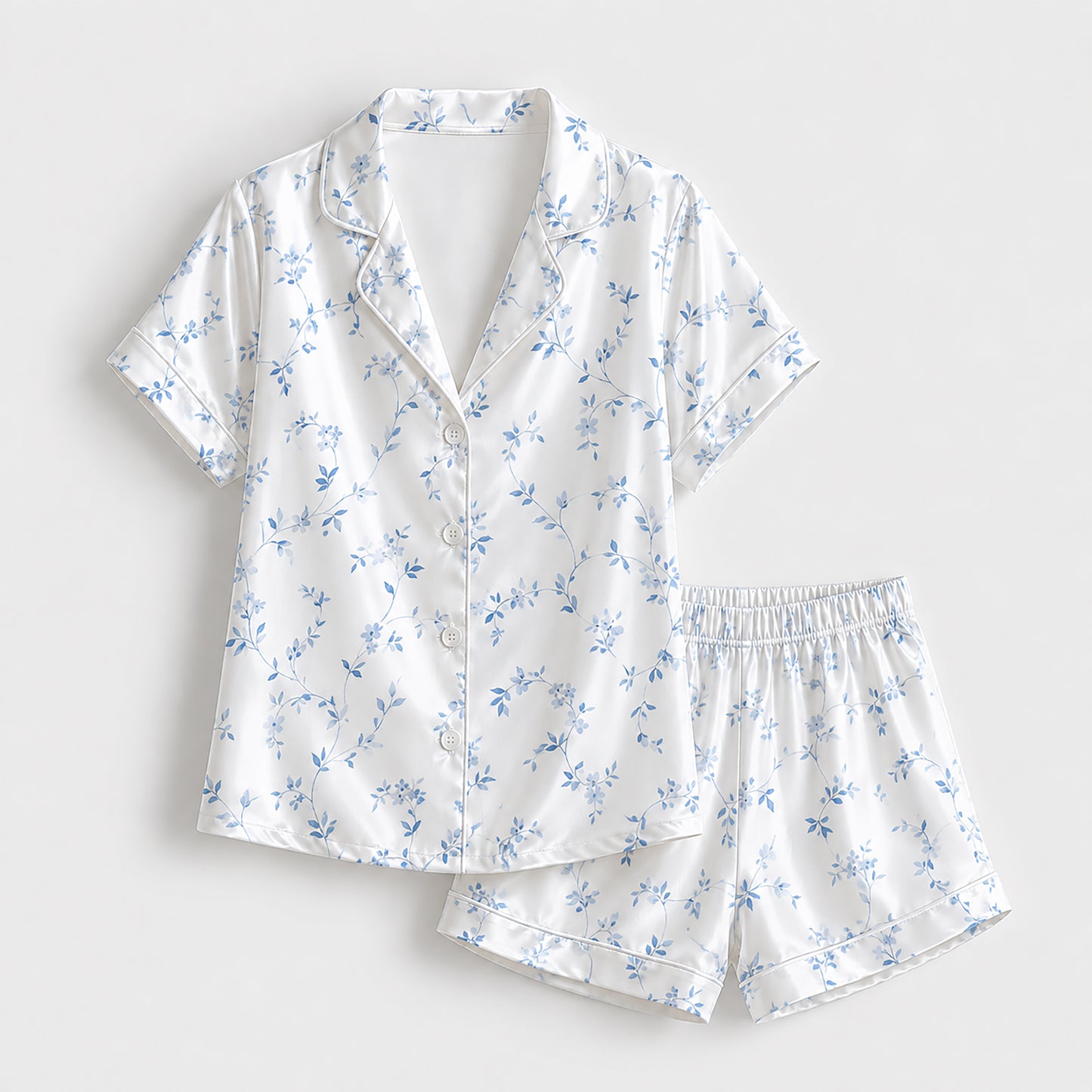 PJ-319-White and Blue Floral Vine Print Satin Button Down Sleepwear Set
