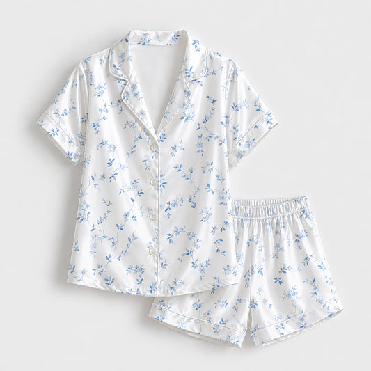 PJ-319-White and Blue Floral Vine Print Satin Button Down Sleepwear Set