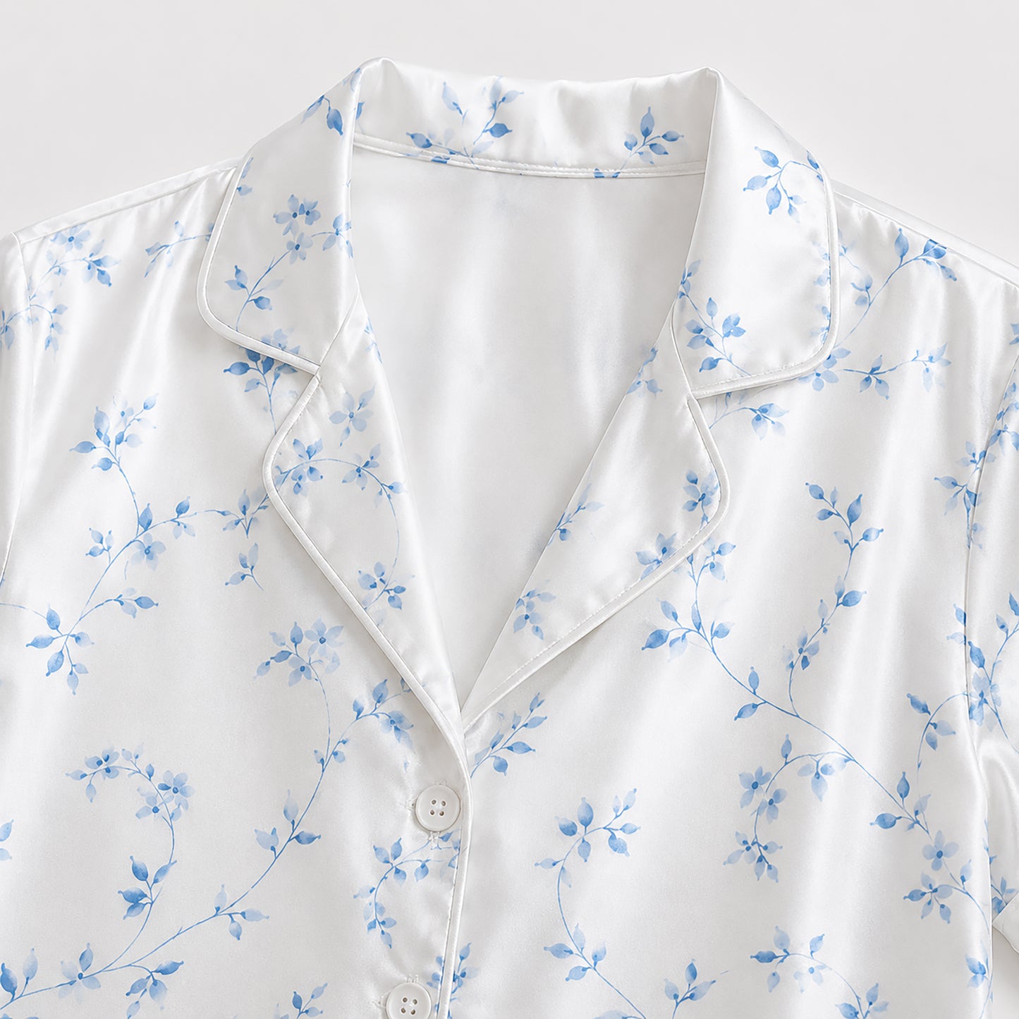PJ-319-White and Blue Floral Vine Print Satin Button Down Sleepwear Set