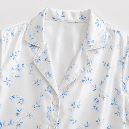 PJ-319-White and Blue Floral Vine Print Satin Button Down Sleepwear Set