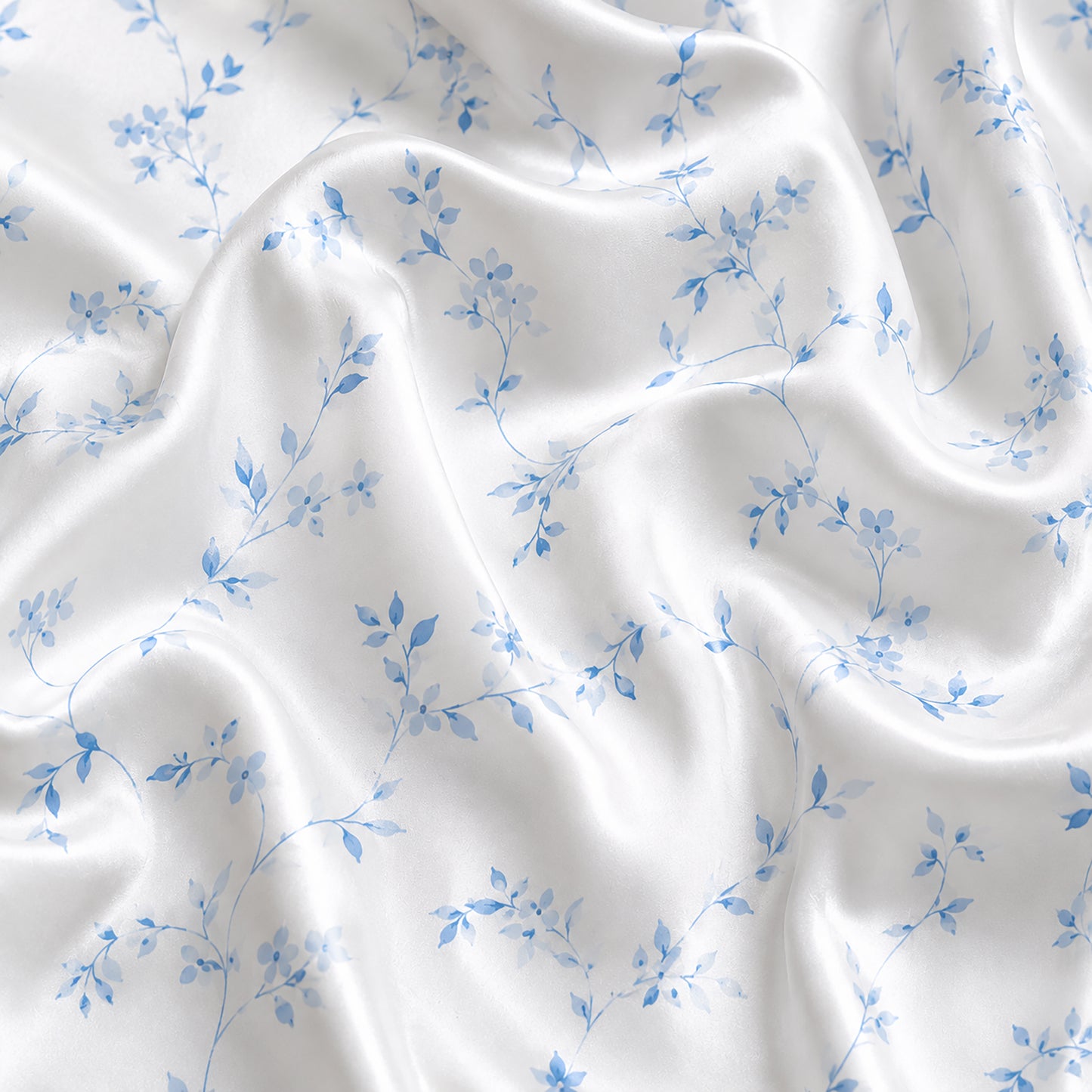 PJ-319-White and Blue Floral Vine Print Satin Button Down Sleepwear Set