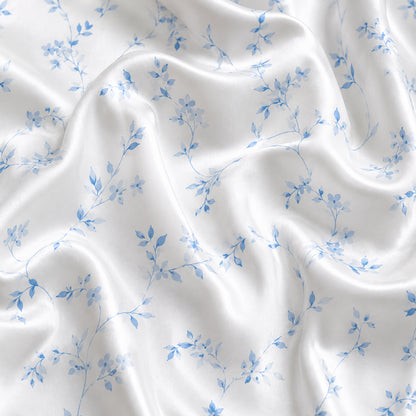 PJ-319-White and Blue Floral Vine Print Satin Button Down Sleepwear Set