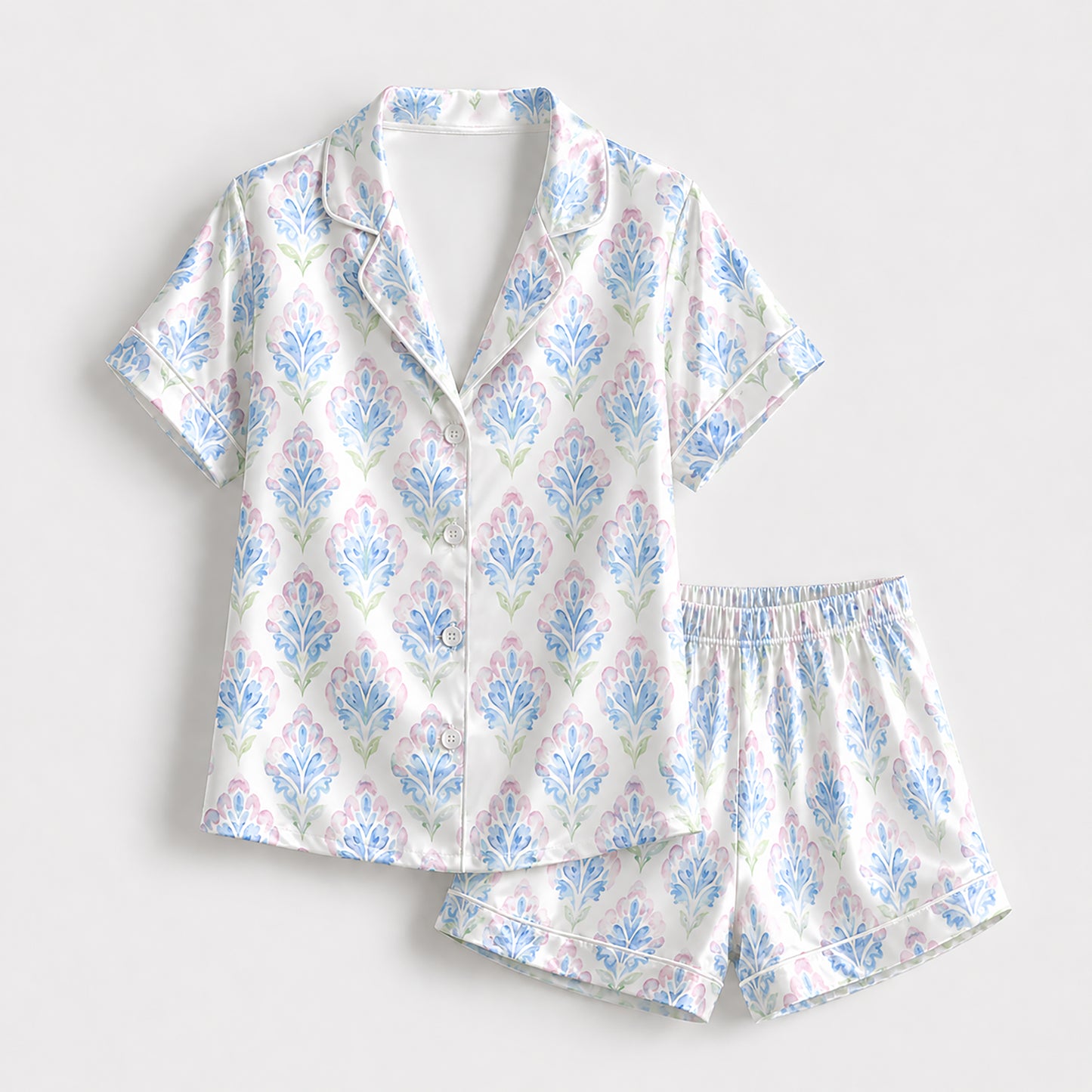PJ-320-Women's Satin Pajamas Watercolor Medallion Floral Print Button Up Set
