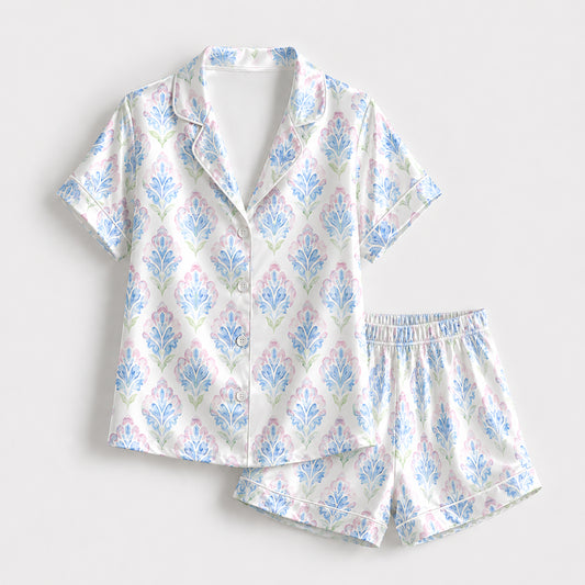 PJ-320-Women's Satin Pajamas Watercolor Medallion Floral Print Button Up Set
