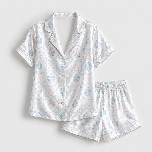PJ-321-Scalloped Floral Bouquet and Ribbon Pattern Satin Button Down Pajamas