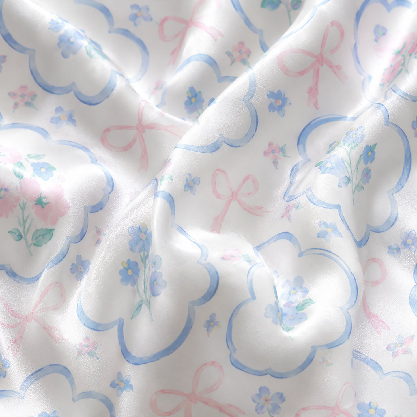 PJ-321-Scalloped Floral Bouquet and Ribbon Pattern Satin Button Down Pajamas