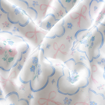 PJ-321-Scalloped Floral Bouquet and Ribbon Pattern Satin Button Down Pajamas