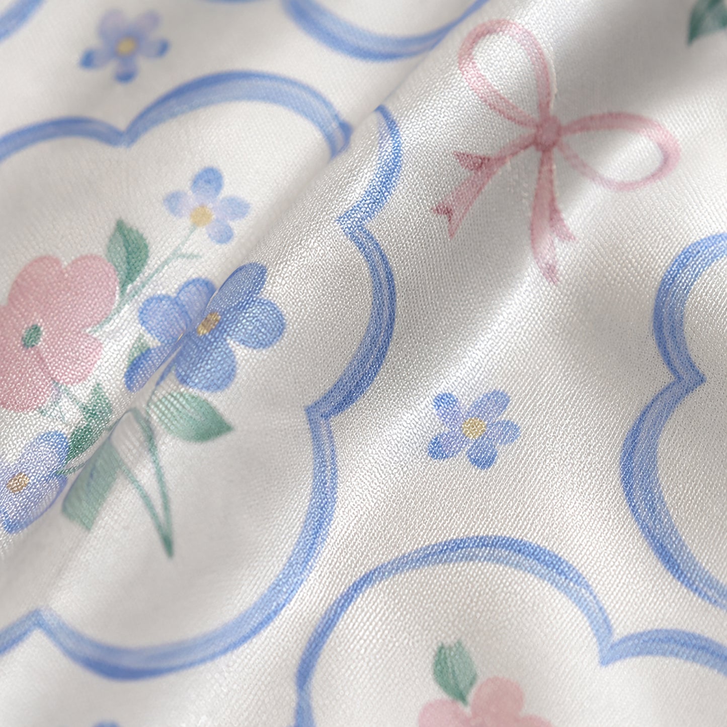 PJ-321-Scalloped Floral Bouquet and Ribbon Pattern Satin Button Down Pajamas
