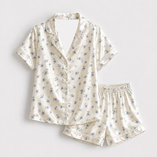 PJ-322-Ditsy Blue Floral Print Ivory Satin Button Down Pajama Set