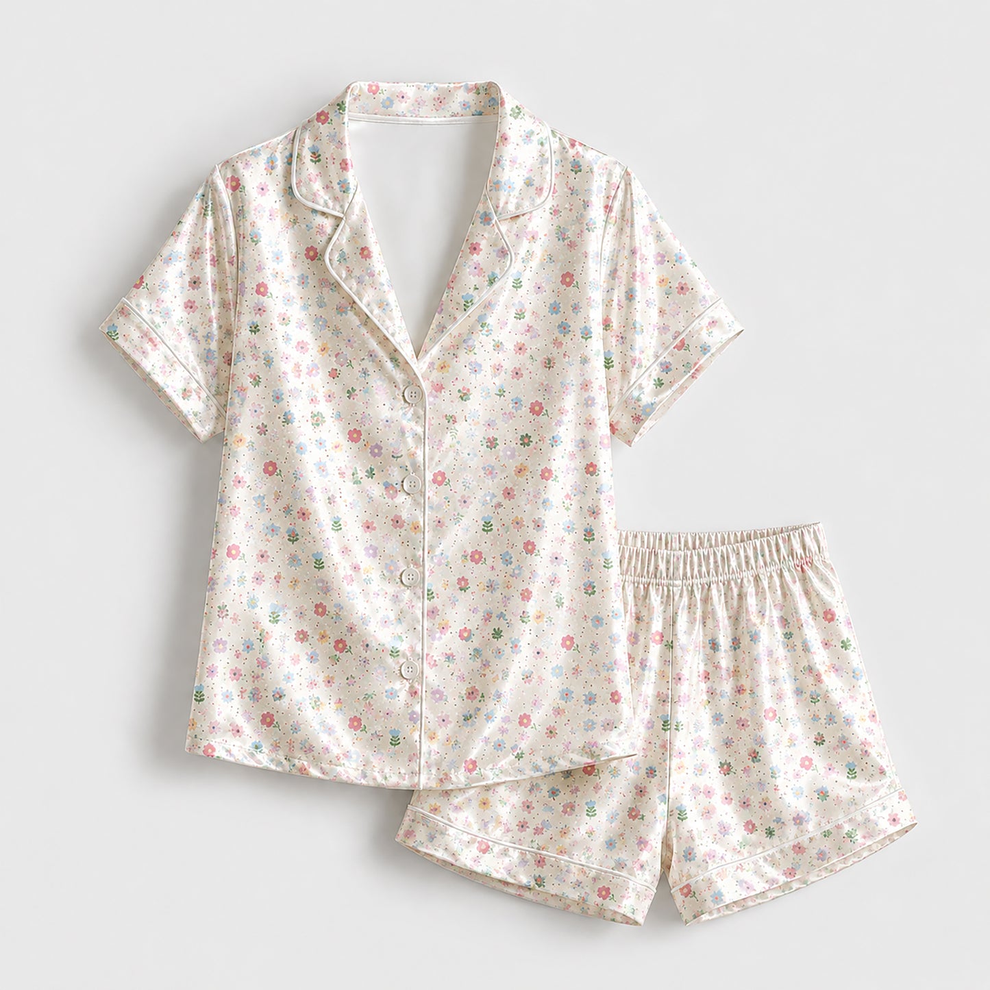 PJ-323-Cream Satin Floral Pajama Set, Colorful Blossom Sleeve Loungewear Sleepwear Collection Nightwear Boutique