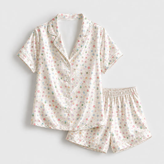 PJ-323-Cream Satin Floral Pajama Set, Colorful Blossom Sleeve Loungewear Sleepwear Collection Nightwear Boutique