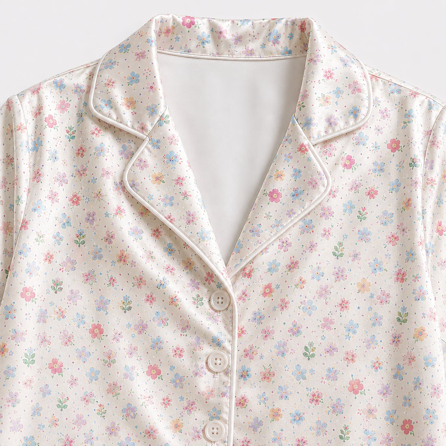 PJ-323-Cream Satin Floral Pajama Set, Colorful Blossom Sleeve Loungewear Sleepwear Collection Nightwear Boutique