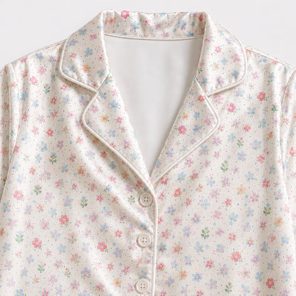 PJ-323-Cream Satin Floral Pajama Set, Colorful Blossom Sleeve Loungewear Sleepwear Collection Nightwear Boutique