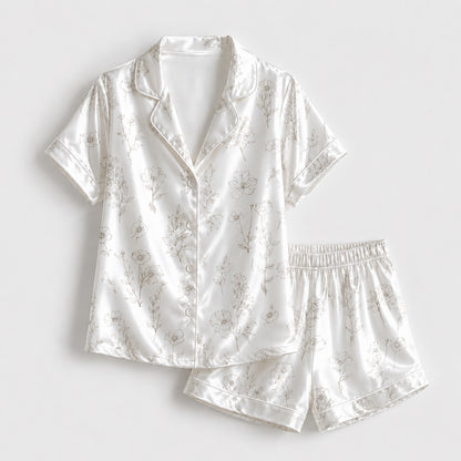 PJ-324-White Satin Floral Pajama Set, Line Art Sleeve Loungewear Sleepwear Collection Nightwear Boutique