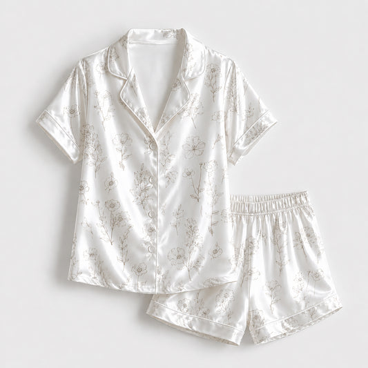 PJ-324-White Satin Floral Pajama Set, Line Art Sleeve Loungewear Sleepwear Collection Nightwear Boutique