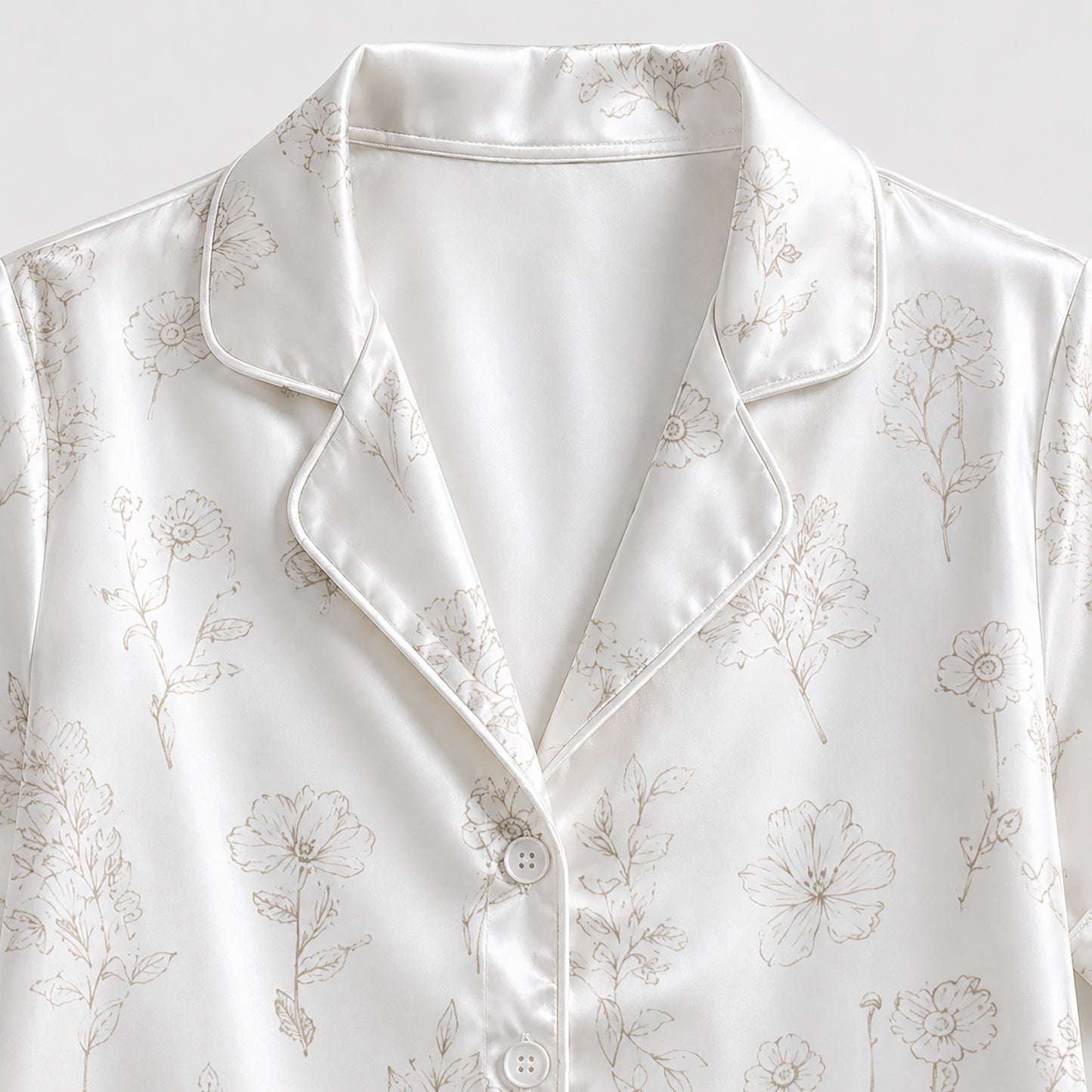 PJ-324-White Satin Floral Pajama Set, Line Art Sleeve Loungewear Sleepwear Collection Nightwear Boutique