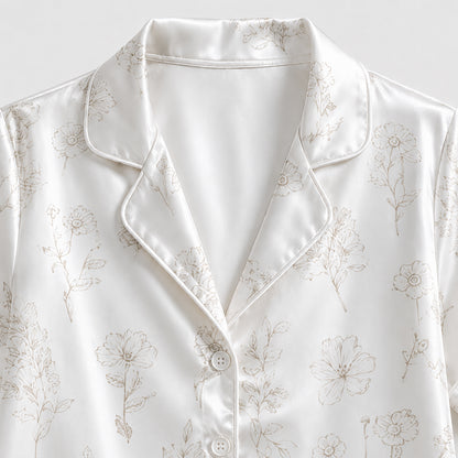 PJ-324-White Satin Floral Pajama Set, Line Art Sleeve Loungewear Sleepwear Collection Nightwear Boutique