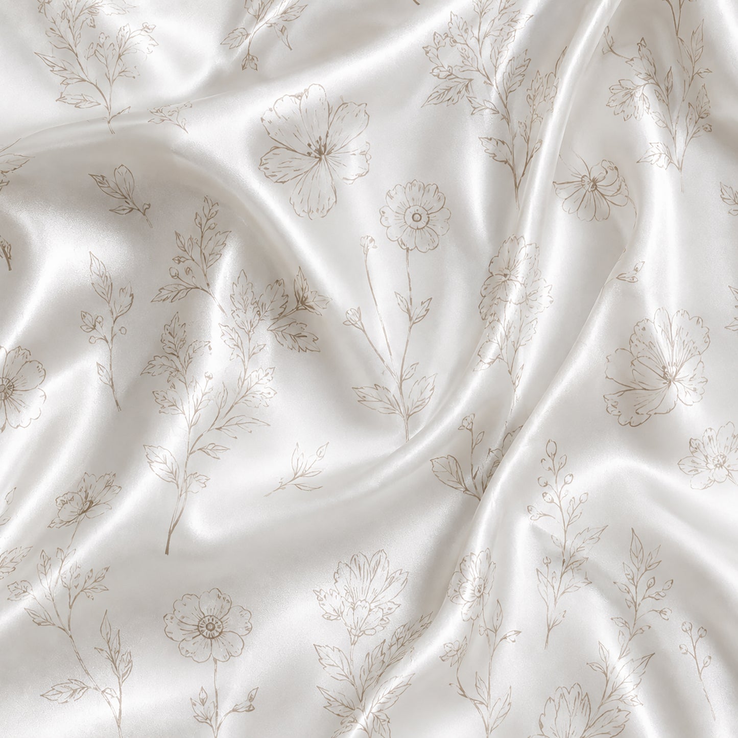 PJ-324-White Satin Floral Pajama Set, Line Art Sleeve Loungewear Sleepwear Collection Nightwear Boutique