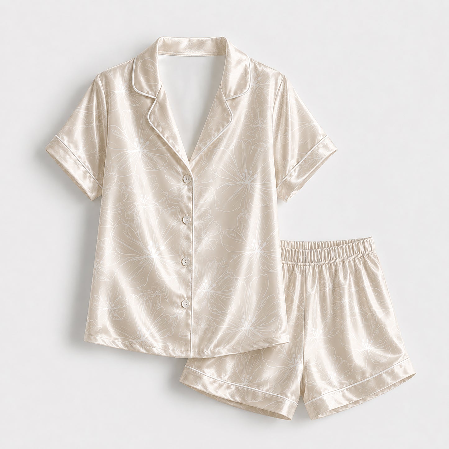 PJ-325-Champagne Satin Floral Pajama Set, White Blossom Sleeve Loungewear Sleepwear Collection Nightwear Boutique
