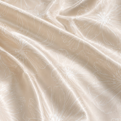 PJ-325-Champagne Satin Floral Pajama Set, White Blossom Sleeve Loungewear Sleepwear Collection Nightwear Boutique