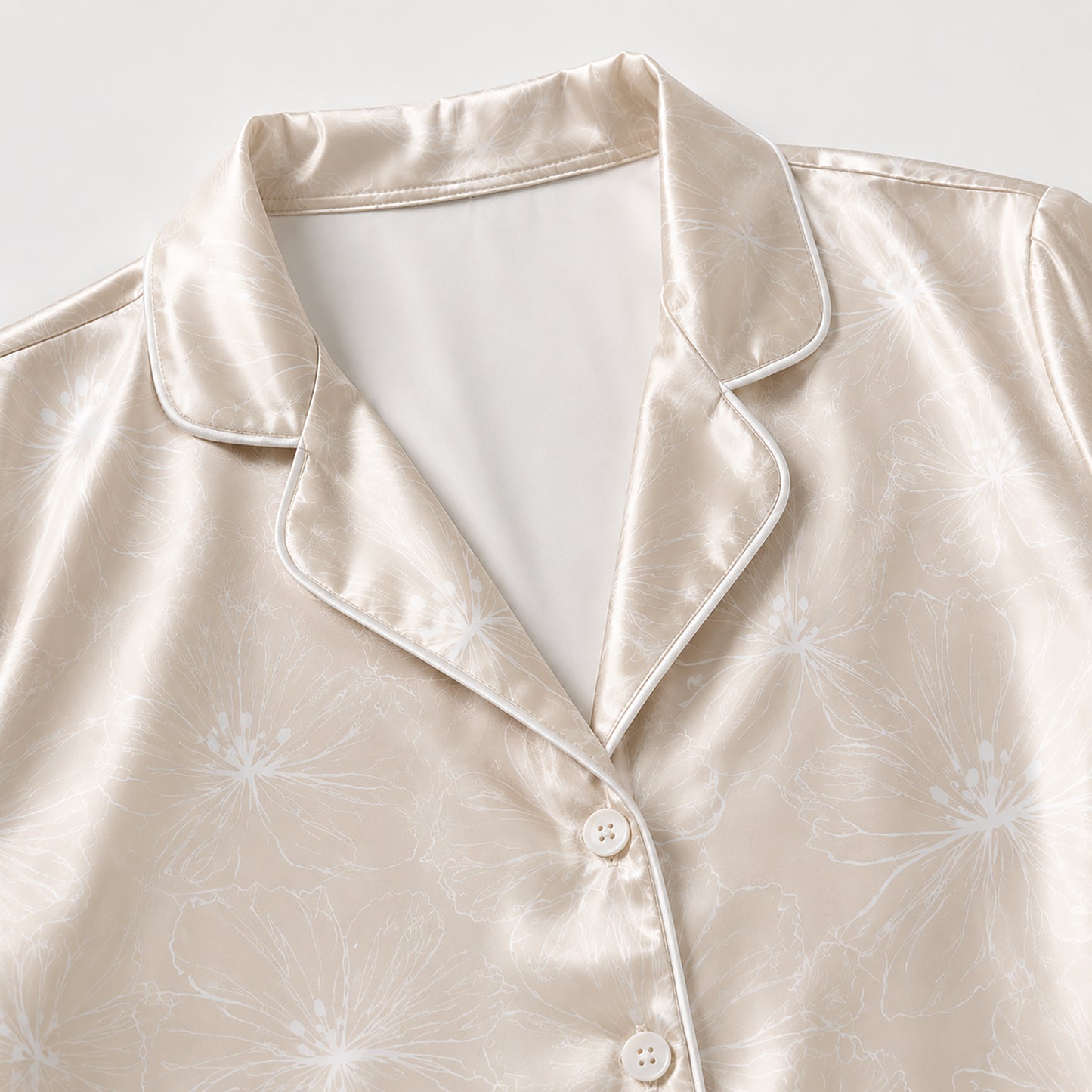 PJ-325-Champagne Satin Floral Pajama Set, White Blossom Sleeve Loungewear Sleepwear Collection Nightwear Boutique