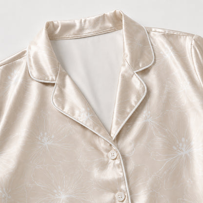 PJ-325-Champagne Satin Floral Pajama Set, White Blossom Sleeve Loungewear Sleepwear Collection Nightwear Boutique