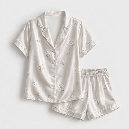 PJ-326-Minimalist Sprig Print Satin Pajama Set, Coordinated Cream Tone Lounge Underwear Nightdress Boutique Kit