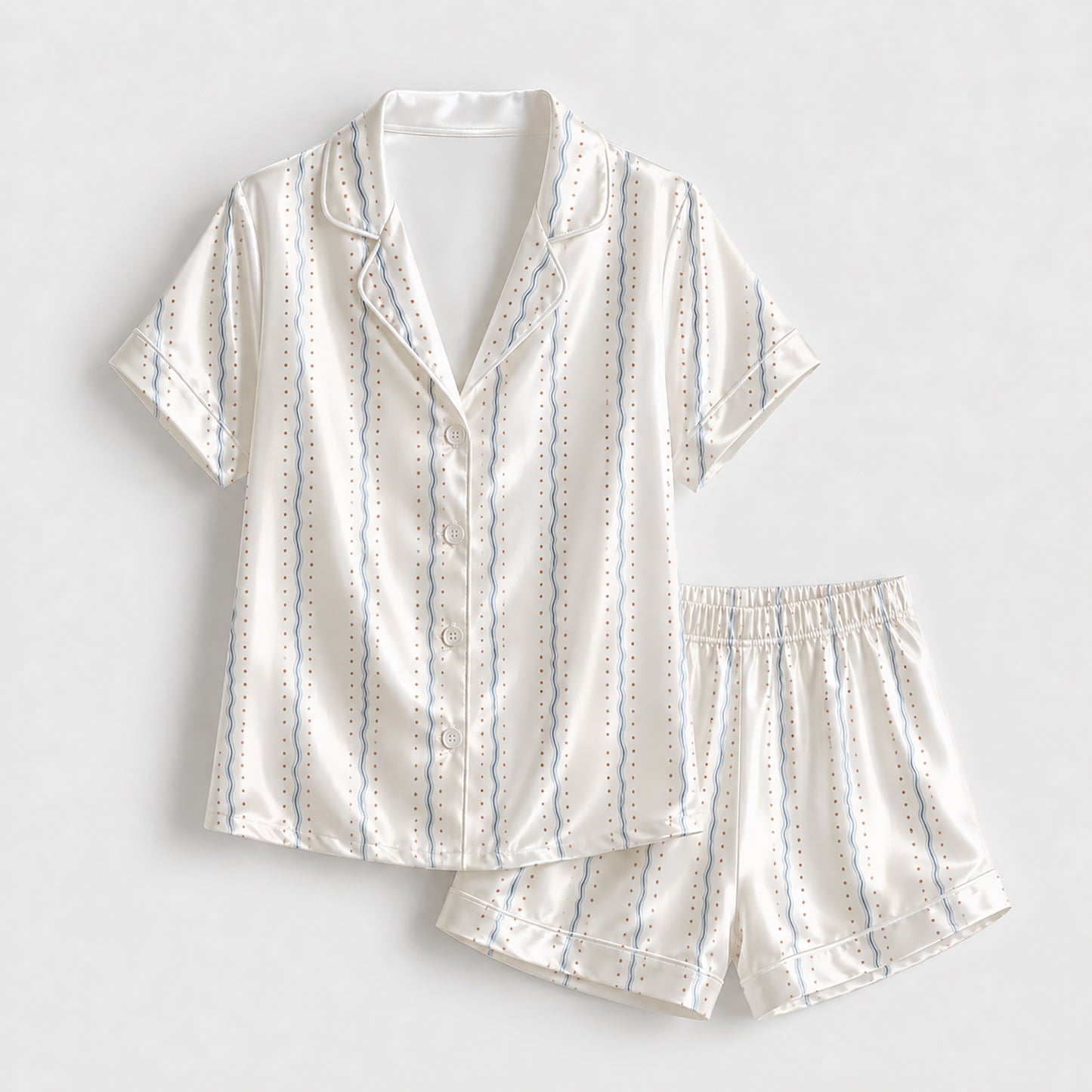 PJ-328-Minimalist Sprig Print Satin Pajama Set, Coordinated Cream Tone Lounge Underwear Nightdress Boutique Kit