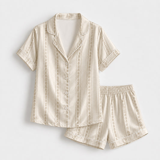 PJ-329-Champagne Satin Striped Pajama Set, Vertical Garland Sleeve Loungewear Sleepwear Collection Nightwear Boutique