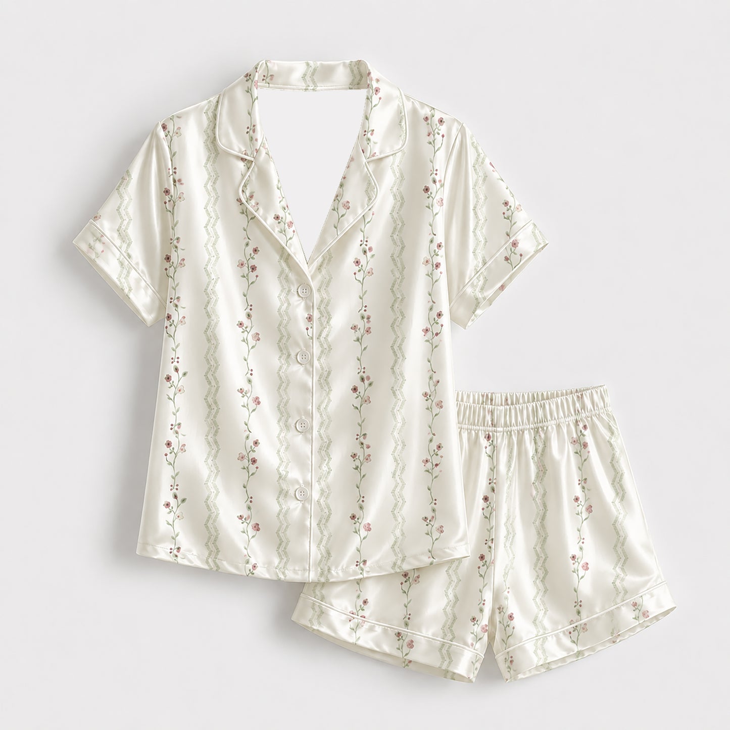 PJ-330-Cream Satin Floral Pajama Set, Vertical Vine Sleeve Loungewear Sleepwear Collection Nightwear Boutique