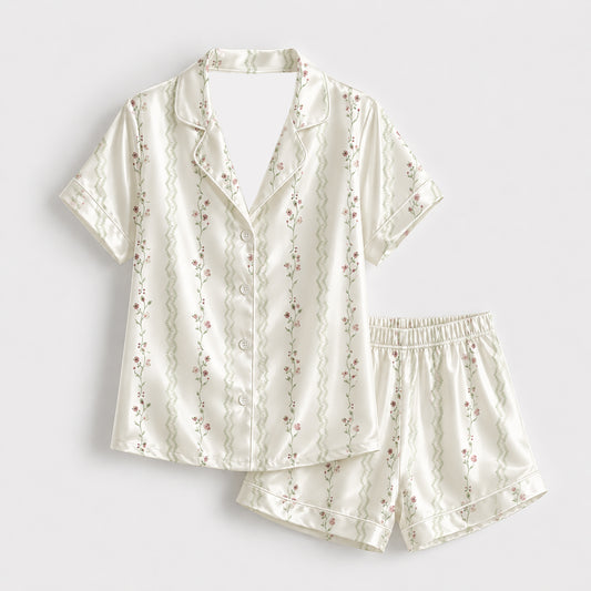 PJ-330-Cream Satin Floral Pajama Set, Vertical Vine Sleeve Loungewear Sleepwear Collection Nightwear Boutique