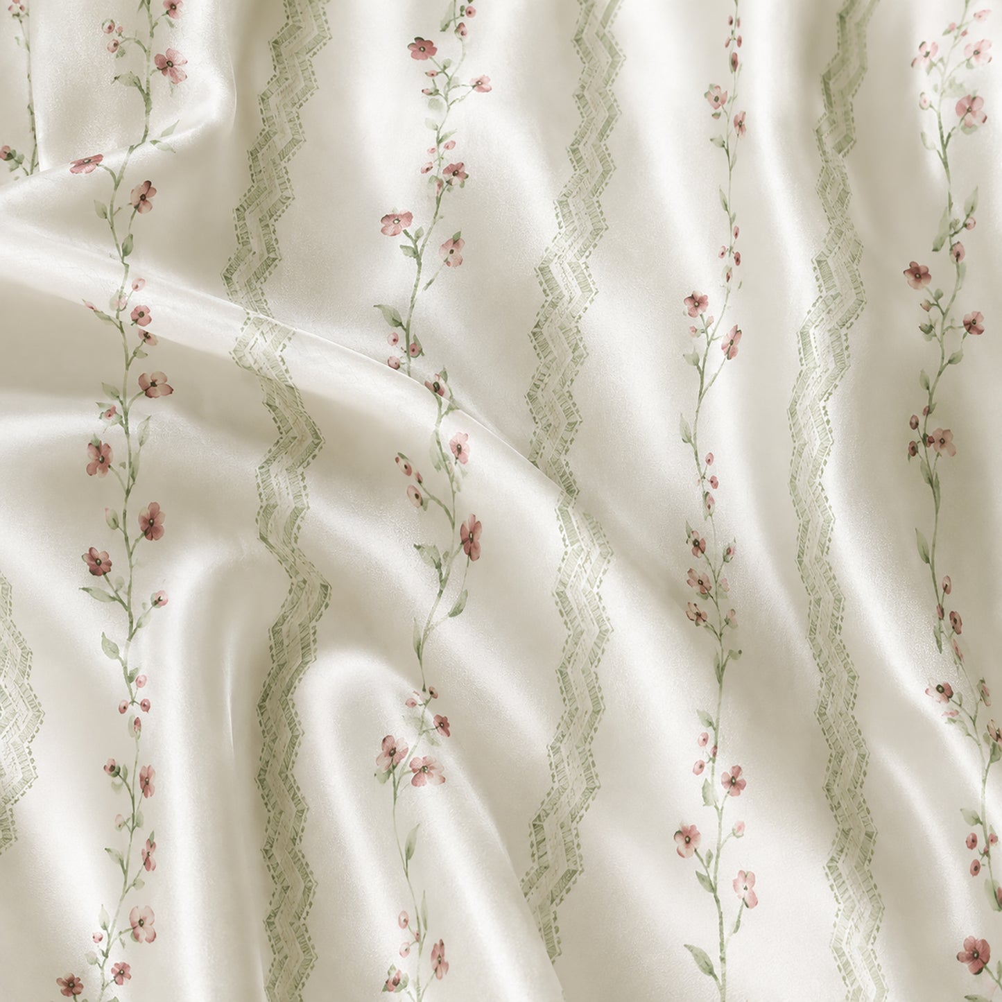 PJ-330-Cream Satin Floral Pajama Set, Vertical Vine Sleeve Loungewear Sleepwear Collection Nightwear Boutique