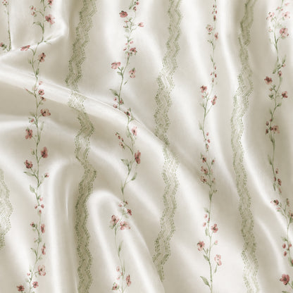 PJ-330-Cream Satin Floral Pajama Set, Vertical Vine Sleeve Loungewear Sleepwear Collection Nightwear Boutique