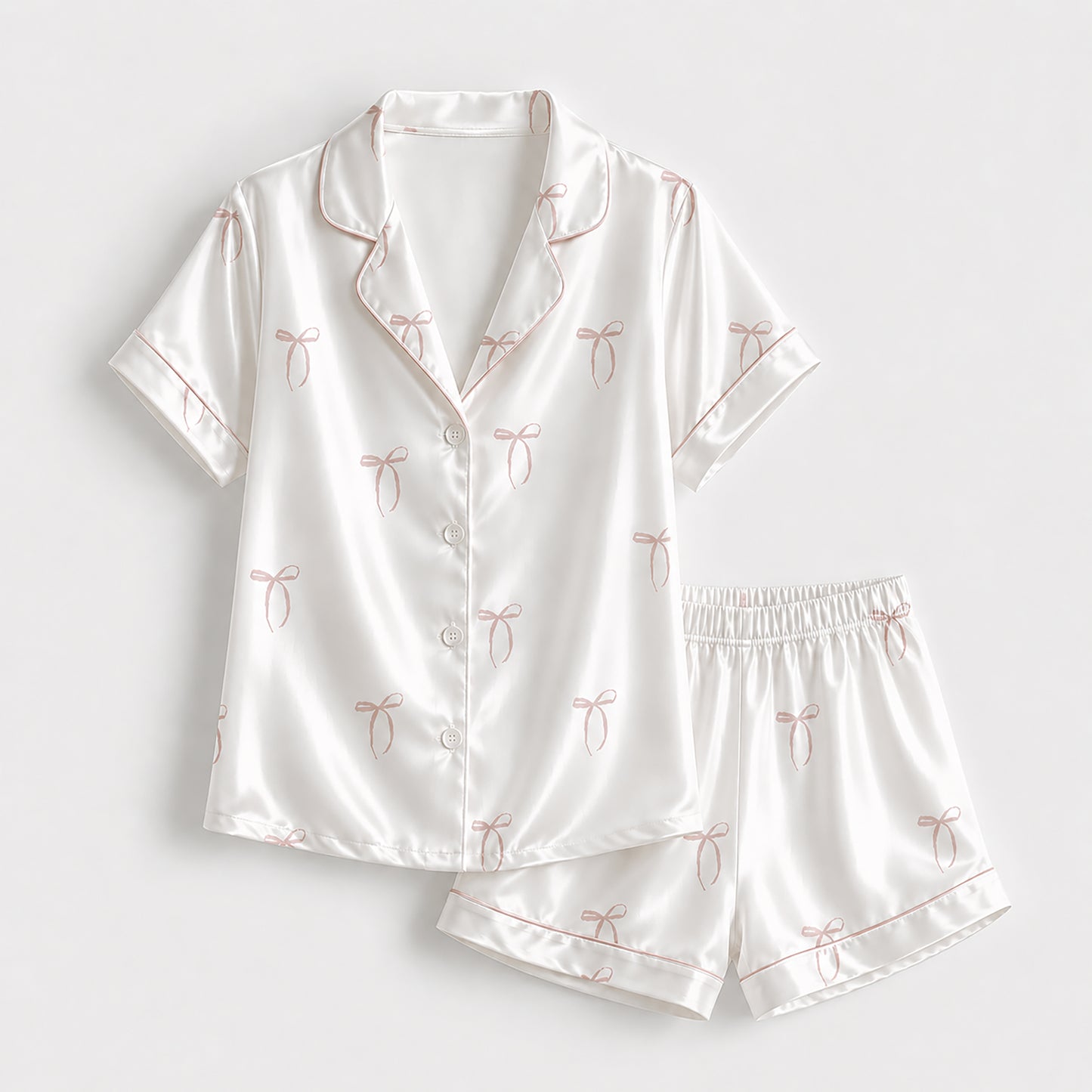 PJ-331-White Satin Ribbon Pajama Set, Pink Bow Sleeve Loungewear Sleepwear Collection Nightwear Boutique