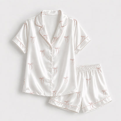 PJ-331-White Satin Ribbon Pajama Set, Pink Bow Sleeve Loungewear Sleepwear Collection Nightwear Boutique